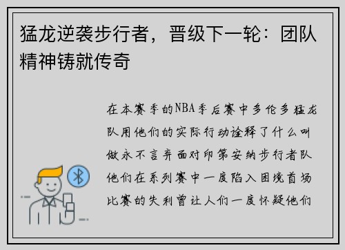 猛龙逆袭步行者，晋级下一轮：团队精神铸就传奇