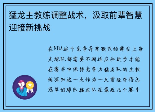 猛龙主教练调整战术，汲取前辈智慧迎接新挑战