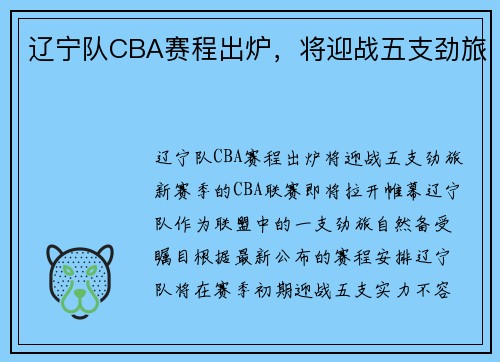 辽宁队CBA赛程出炉，将迎战五支劲旅